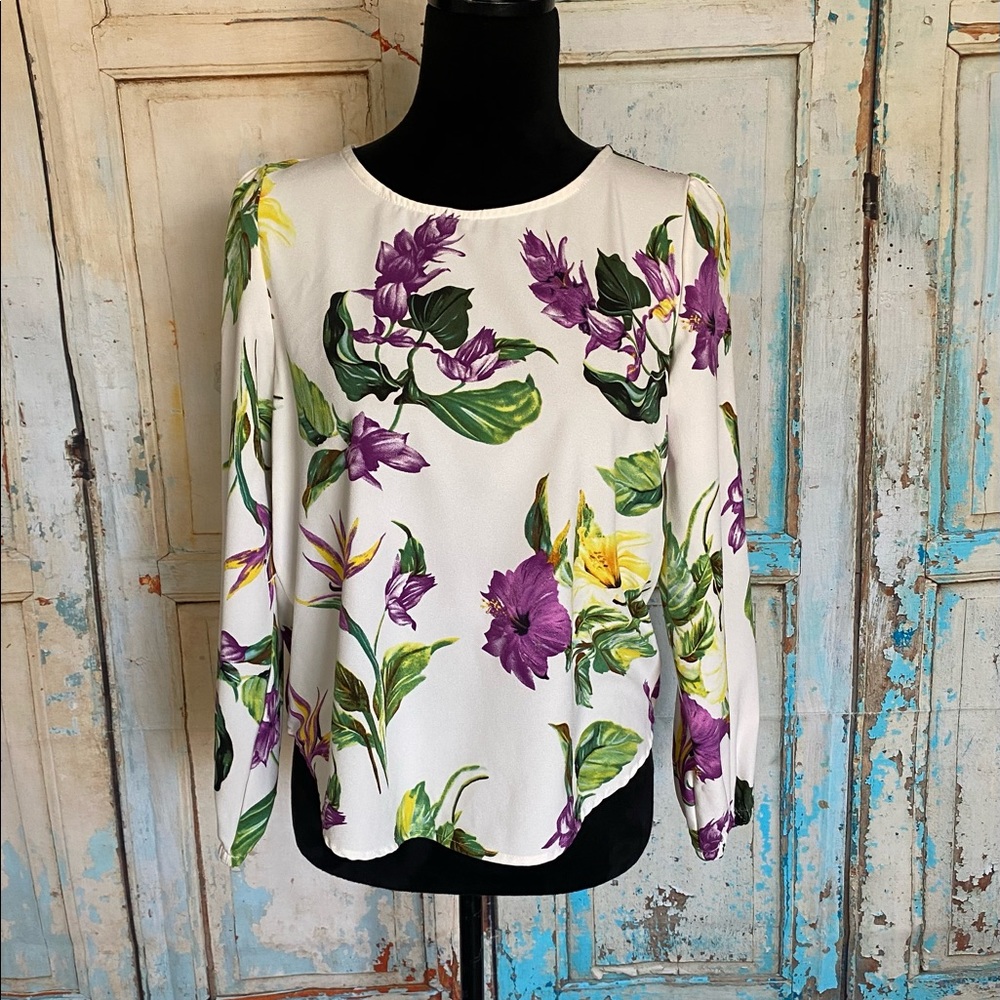 Shein Women's Long Sleeve Round Neck Elastic Cuffs Floral Print Blouse Sz Small